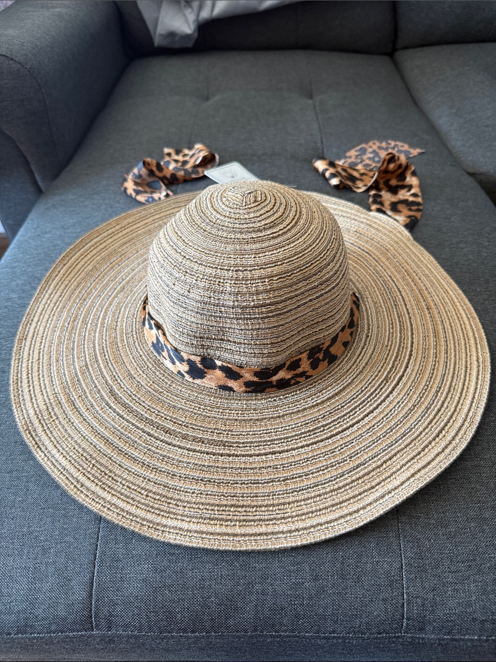 Straw Wide-Brim Sun Hat with Leopard Tie